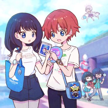 2boys 3girls acceptor alien bag black_hair blue_eyes blush boots breasts cleavage closed_eyes collared_shirt color_timer couple doll epaulettes frilled_skirt frills glasses gloves green_hair gridman_(character) gridman_universe gridman_universe_(movie) gridman_universe_fighter hassu hetero hibiki_yuuta highres holding long_hair long_sleeves male_focus mask mimi_kiri mouth_mask multicolored_hair multiple_boys multiple_girls open_mouth pants pigmon print_shirt purple_hair purple_skirt red_hair shinjou_akane shinjou_akane_(new_order) shirt short_hair short_sleeves shorts silver_skin skirt smile stuffed_toy t-shirt takarada_rikka thighs tokusatsu ultra_series ultraman ultraman_(1st_series) utsumi_shou white_boots white_gloves white_shirt yellow_eyes