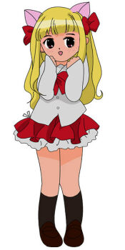 1girl animal_ears black_socks blonde_hair blush bow bowtie brown_shoes cat_ears cat_girl hair_bow kneehighs long_hair long_sleeves looking_at_viewer neko_no_kimagure open_mouth pita_ten red_bow red_bowtie red_eyes red_skirt school_uniform shirt shoes skirt smile socks standing uematsu_koboshi white_background white_shirt