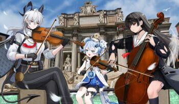 3girls absurdres arm_cutout arm_pouch armband black_armband black_choker black_gloves black_hair black_horns black_jacket black_pants black_shirt black_shorts black_skirt black_tail blue_eyes blue_hair button_gap chest_harness chisa_(wuthering_waves) choker closed_mouth clothing_cutout collarbone commentary_request crossed_legs curled_horns demon_tail earrings gloves grey_hair hair_between_eyes harness high-waist_pants highres horns instrument jacket jacket_on_shoulders jewelry key_earrings lok_illust long_hair looking_at_another multiple_girls music necktie open_mouth pants playing_instrument pouch red_eyes red_necktie sailor_collar screenshot_background shirt shirt_tucked_in shorts sitting skirt smile tacet_mark_(wuthering_waves) tail thick_eyebrows tight_clothes tight_pants violin white_sailor_collar white_shirt wuthering_waves youhu_(wuthering_waves) zani_(wuthering_waves)