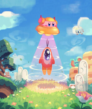 abduction artist_name blue_eyes blue_sky blush blush_stickers cloud commentary_request copy_ability day dubior elfilin flower flying_saucer grass highres kirby kirby_(series) nintendo notched_ear one-eyed outdoors pink_flower plant polof radio_antenna sky spacecraft star_(symbol) star_block suyasuyabi tears tree twitter_username ufo ufo_(kirby) ufo_kirby waddle_doo white_flower yellow_eyes yellow_flower