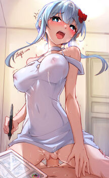 1boy 1girl absurdres bare_shoulders blue_eyes blue_hair blush braid breasts censored choker clothed_female_nude_male collarbone colorized covered_erect_nipples covered_navel dress drooling flower flower_on_head hair_ornament highres holding holding_pen indoors large_breasts legs long_hair looking_at_viewer lying mashiro_madoka midriff miniskirt mosaic_censoring navel no_panties nose_blush nude on_back open_mouth pen pencil_skirt penis pov pov_crotch pussy saliva saliva_trail sensei_ore_ni_kamawazu_itte_kudasai!! sex sitting sitting_on_person skirt sleeveless sleeveless_dress stomach sweat sweatdrop tablet_pc teeth thighs tight_clothes tight_dress tight_skirt tongue tongue_out upper_teeth_only very_long_hair white_choker white_dress white_skirt zeen3