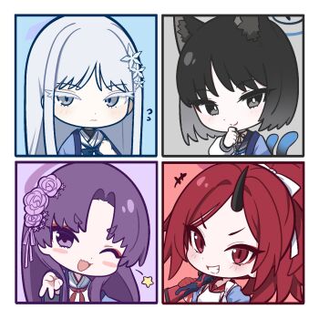 +++ animal_ears arisaka black_eyes black_hair black_sailor_collar blue_archive blush bolt_action cat_ears cat_girl cat_tail chibi chibi_only closed_mouth commentary fang flower flying_sweatdrops grey_eyes grin gun hair_flower hair_ornament hair_ribbon halo highres holding holding_weapon horns hyakkaryouran_(blue_archive) japanese_clothes kekek kikyou_(blue_archive) long_hair looking_at_viewer multiple_girls multiple_tails nagusa_(blue_archive) neckerchief one_eye_closed open_mouth over_shoulder ponytail purple_eyes purple_flower purple_hair red_eyes red_hair red_neckerchief red_sash renge_(blue_archive) ribbon rifle sailor_collar sash simple_background single_horn skin_fang smile snowflake_hair_ornament star_(symbol) symbol-only_commentary tail two_tails v weapon weapon_over_shoulder white_ribbon yukari_(blue_archive)