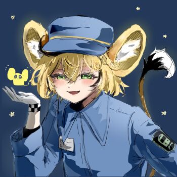 ahce728 animal_ears blonde_hair checkered_wristband dooby dooby_(1st_costume) dooby_(jerboa) green_eyes hat highres indie_virtual_youtuber smug tail virtual_youtuber wristband