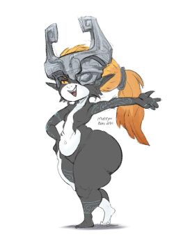 1girl 2025 arm_tattoo artist_name ass barefoot black_skin blue_skin breasts colored_sclera colored_skin commentary contrapposto covered_eyes curvy english_commentary fang fang_out female_focus full_body half-closed_eyes hand_on_own_hip helmet helmet_over_eyes huge_ass leg_tattoo long_hair midna muffynbunarts multicolored_skin navel nintendo nude orange_hair outstretched_arm ponytail red_eyes shortstack simple_background small_breasts solo standing tattoo the_legend_of_zelda the_legend_of_zelda:_twilight_princess thick_thighs thighs two-tone_skin white_background wide_hips yellow_sclera