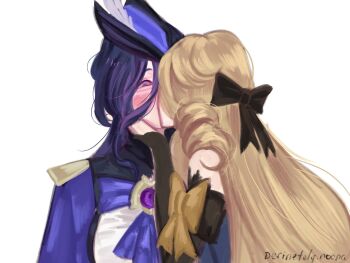 2girls artist_name ascot bare_shoulders black_gloves blonde_hair blush clorinde_(genshin_impact) commentary definitely_runa elbow_gloves epaulettes genshin_impact gloves hand_on_another's_face hashtag-only_commentary highres kiss long_hair multiple_girls navia_(genshin_impact) procreate_(medium) purple_ascot purple_eyes purple_hair yuri