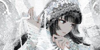 Rule 34 | 1girl, absurdres, black eyes, black hair, blunt bangs, commentary, dress, expressionless, eyelashes, flower, flower hairband, folding fan, frilled wrist cuffs, frills, hair flower, hair ornament, hand fan, highres, holding, holding fan, jewelry, kazari tayu, lace, lace-trimmed fan, lace ribbon, lace veil, long hair, looking to the side, original, parted lips, portrait, ring, sidelocks, solo, straight hair, veil, wedding ring, white dress, white flower, white theme, white veil, wrist cuffs