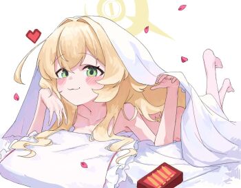 :3 bed_sheet blonde_hair blue_archive blush box breasts closed_mouth collarbone completely_nude dot_nose falling_petals feet feet_up frilled_pillow frills green_eyes hair_between_eyes hair_intakes halo hand_up head_on_hand heart light_smile loli long_hair long_sidelocks looking_at_viewer lying naked_sheet nude on_bed on_stomach petals pillow professor_niyaniya_(blue_archive) red_petals shimeji_take sidelocks simple_background small_breasts smile smug soles solo under_covers white_background yellow_halo