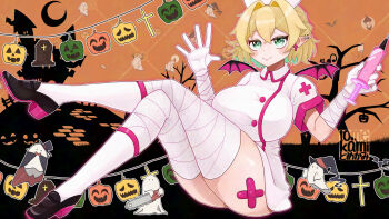 1girl alternate_costume bandaged_arm bandages blonde_hair breasts chainsaw closed_mouth commentary crescent_moon cross cross_earrings crossed_bandaids dress earrings english_commentary fang fang_out full_body ghost gloves green_eyes hair_intakes halloween hat highres holding holding_syringe jack-o&#039;-lantern jewelry large_breasts looking_at_viewer mizuhashi_parsee moon nurse nurse_cap orange_background pointy_ears purple_wings short_dress short_hair short_sleeves sitting smile stud_earrings syringe thighhighs tombstone tomekami touhou watermark watermark_grid white_dress white_gloves wings