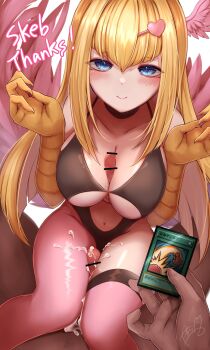 Rule 34 | 1boy, 1girl, animal hands, ari (xxrmsn 008), between breasts, bikini, black bikini, blonde hair, blue eyes, blush, breasts, can, collarbone, commentary request, commission, cum, cum on body, cum on legs, dark-skinned male, dark skin, dildo, duel monster, english text, feathered wings, harpie girl (yu-gi-oh!), harpy, highres, holding, holding can, large breasts, long hair, monster girl, navel, pantyhose, pink pantyhose, sex toy, signature, single leg pantyhose, single thighhigh, skeb commission, smile, straddling, swimsuit, thigh sex, thighhighs, trading card, wings, yu-gi-oh!