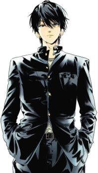 Rule 34 | 1boy, belt, black eyes, black hair, black pants, brown belt, buttons, character request, check copyright, closed mouth, copyright request, cowboy shot, earrings, gakuran, hands in pockets, highres, jewelry, looking at viewer, male focus, original, pants, pocket, ranxan0, school uniform, shirt, short hair, simple background, solo, straight-on, white background, white shirt