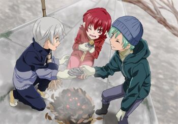 Rule 34 | 1girl, 2boys, beanie, full body, fumiko (mesushi), gloves, green hair, hat, hood, hooded jacket, iria animi, jacket, multiple boys, new year, one eye closed, open mouth, red eyes, red hair, ruca milda, short hair, spada belforma, tales of (series), tales of innocence, very short hair, white gloves, white hair, winter
