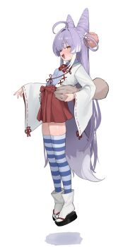 1girl ahoge armpit_carry commentary_request cone_hair_bun double_bun fang fox_girl fox_tail gos_song69389 hair_bun hair_ornament hair_rings highres korean_commentary kosode long_hair open_mouth pom_pom_(clothes) pom_pom_hair_ornament purple_hair purple_tail simple_background socks_over_thighhighs stellive tail tenko_shibuki two-tone_tail very_long_hair virtual_youtuber white_background yellow_eyes