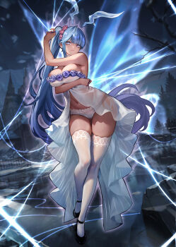 1girl absurdres areola_slip blue_hair breasts commission dress flower gluteal_fold hair_flower hair_ornament highres jewelry large_breasts light_smile long_hair navel open_clothes open_dress original panties pixiv_commission ponytail purple_eyes revealing_clothes ring snowflake_pupils solo strapless strapless_dress string thighhighs underwear very_long_hair white_dress white_panties white_thighhighs wide_hips yoyoleaf