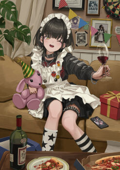 1girl :d absurdres alcohol apron asymmetrical_legwear belt_buckle belt_collar black_collar black_hair black_nails black_shirt black_skirt black_socks blush bottle box buckle cellphone chain chain_bracelet chain_necklace collar commentary couch cross cross_earrings cup curtains dart dartboard drinking_glass ear_piercing earclip earrings english_commentary food gift gift_box gishiki_(gshk) glass hair_intakes hat highres holding holding_cup holding_stuffed_toy indoors jewelry long_sleeves looking_at_viewer maid_headdress medium_hair mismatched_legwear necklace one_eye_closed open_mouth original party_hat phone picture_frame piercing pillow pizza pizza_box pizza_slice plant poster_(object) shirt sitting skirt smartphone smile smiley_face socks solo spiked_thigh_strap spikes star_(symbol) star_print striped_clothes striped_socks stuffed_toy table tanaka_kyouko thigh_strap two-tone_socks white_apron white_socks wine wine_glass yellow_eyes