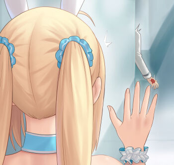 1girl ahoge animal_ears artoria_caster_(fate) artoria_caster_(swimsuit_berserker)_(second_ascension)_(fate) artoria_pendragon_(fate) besmiled blonde_hair blue_scrunchie commentary_request detached_sleeves fake_animal_ears fate/grand_order fate_(series) fujimaru_ritsuka_(male) hair_ornament hair_scrunchie highres long_hair long_sleeves puffy_short_sleeves puffy_sleeves rabbit_ears scrunchie shirt short_sleeves sidelocks solo surprised twintails waving white_shirt wrist_scrunchie