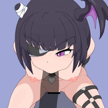 1boy 1girl animated animated_gif arms_behind_back bandages bar_censor blush bouncing_breasts breasts censored commission erection eyepatch fellatio fishnets furrowed_brow head_wings heart_pendant hetero kneeling looping_animation medium_breasts monster_girl nude oral original penis pixel_art purple_eyes sex skeb_commission solo_focus tearing_up tears uramomo wings