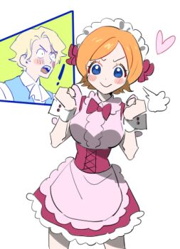 ! 1boy 1girl apron ascot blonde_hair blue_eyes blush breasts clenched_hands closed_mouth commentary cowboy_shot dress heart koala_(one_piece) lowres maid maid_apron maid_headdress medium_breasts one_piece open_mouth orange_hair pink_apron pink_dress puff_of_air raine_(acke2445) sabo_(one_piece) short_hair smile symbol-only_commentary upper_body v-shaped_eyebrows white_ascot white_background wrist_cuffs