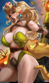 1girl black_choker black_lips blonde_hair blue_eyes blushed_arts bowsette breasts choker commentary cowboy_shot crown double-parted_bangs earrings fangs green_leotard hair_between_eyes highres horns jack-o&#039;-lantern jewelry large_breasts leotard lips lipstick long_hair looking_at_viewer makeup mario_(series) navel nintendo open_mouth pointy_ears pumpkin restrained solo sphere_earrings spiked_choker spikes strapless strapless_leotard super_crown tail thick_thighs thighs