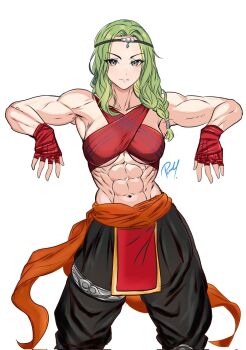 1girl abs alternate_costume baggy_pants breasts circle criss-cross_halter fingerless_gloves fire_emblem fire_emblem_heroes gloves green_hair grey_eyes halterneck highres leaning_back looking_at_viewer medium_breasts monk muscular muscular_female nintendo nott_(fire_emblem) pablo150898 pants sash signature simple_background solo underboob white_background