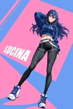 Rule 34 | 1girl, belt, black leggings, black shirt, blue eyes, blue hair, blue jacket, blush, brand of the exalt, breasts, character name, closed mouth, commentary, commission, cropped jacket, fire emblem, fire emblem awakening, full body, hair between eyes, highres, jacket, leggings, long hair, long sleeves, looking at viewer, lucina (fire emblem), medium breasts, midriff, navel, nintendo, shirt, shoes, smile, solo, standing, symbol in eye, tiara, white belt, yan kodiac