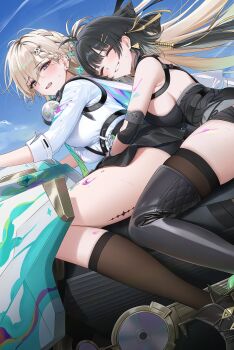 2girls ame_(uten_cancel) bare_shoulders black_dress black_skirt black_socks blonde_hair blue_sky blush braid braided_bangs breasts closed_eyes commentary day dress earrings facing_to_the_side female_rover_(wuthering_waves) from_side hair_ornament hair_ribbon hairclip headphones headphones_around_neck highres jacket jewelry long_hair looking_to_the_side lynae_(wuthering_waves) medium_breasts motor_vehicle motorcycle multiple_girls open_mouth outdoors parallel_hairclips parted_lips purple_eyes ribbon riding rover_(wuthering_waves) shirt shirt_tucked_in skirt skull_hair_ornament sky sleeveless sleeveless_dress smile socks sweatdrop symbol-only_commentary tacet_mark_(wuthering_waves) thighs triangle_earrings white_jacket white_shirt wuthering_waves yellow_ribbon