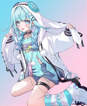 1girl animal_ear_hood black_choker blue_bow blue_eyes blue_hair blush bow braid cellphone choker denim denim_shorts fake_animal_ears fangs gradient_background hair_bow hair_ornament hairclip hashtag-only_commentary heart heart_o-ring highres hitomyan hololive hololive_dev_is hood hood_up hooded_jacket jacket looking_at_viewer loose_socks mizumiya_su mizumiya_su_(1st_costume) multicolored_hair o-ring o-ring_choker o-ring_thigh_strap open_mouth phone pink_hair pom_pom_(clothes) shoes shorts simple_background sitting sneakers socks solo streaked_hair thigh_strap twin_braids wariza white_jacket