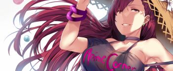 1girl armpits artist_request bracelet breasts character_request cropped_image earrings hat hat_grab hecatia_lapislazuli jewelry large_breasts long_hair non-web_source open_mouth planet red_eyes red_hair scathach_(fate) smile source_request straw_hat teeth third-party_edit touhou white_background