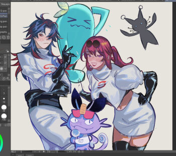 1boy 2girls 2others alternate_costume art_program_in_frame bent_over black_gloves blade_(honkai:_star_rail) blush chattematsu closed_mouth commentary cosplay english_commentary eyewear_on_head gen_1_pokemon gen_2_pokemon gloves hand_on_own_hip honkai:_star_rail honkai_(series) james_(pokemon) james_(pokemon)_(cosplay) jessie_(pokemon) jessie_(pokemon)_(cosplay) kafka_(honkai:_star_rail) long_sleeves looking_at_viewer meowth meowth_(cosplay) miki_shin'ichirou multicolored_hair multiple_girls multiple_others navel nintendo open_mouth pokemon pokemon_(anime) pokemon_(creature) purple_eyes purple_hair red_eyes short_sleeves silver_wolf_(honkai:_star_rail) simple_background standing team_rocket team_rocket_uniform unfinished voice_actor_connection wobbuffet
