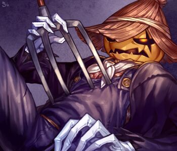 Rule 34 | 1boy, black jacket, blue overalls, commentary request, gloves, glowing, glowing eyes, hat, impaled, jack-o'-lantern head, jacket, looking at viewer, major injury underreaction, male focus, monster boy, no pupils, orange eyes, original, overalls, pitchfork, plaid clothes, plaid shirt, pumpkin, red shirt, scar, scar across eye, scar on face, scarecrow, shinku castle, shirt, solo, straw hat, tabletop rpg, white gloves, white shirt