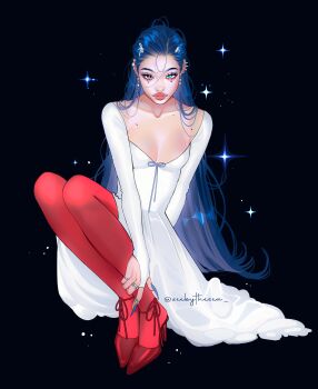 1girl absurdres aegyo_sal arm_behind_back asian black_background blue_eyes blue_hair blue_nails blue_ribbon breasts bridal_gauntlets cleavage collarbone d&#039;orsay_heels dress dress_ribbon ear_piercing earrings eyelashes fashion fingernails forehead four-pointed_star full_body hair_pulled_back hair_ribbon hand_on_own_ankle heterochromia highres jewelry knees_up light_particles long_dress long_fingernails long_hair looking_at_viewer medium_breasts mole mole_on_chest mole_on_collarbone mole_on_forehead mole_on_neck mole_under_each_eye mole_under_eye mole_under_mouth multiple_moles multiple_rings nail_polish original pantyhose pearl_earrings piercing pink_lips red_pantyhose red_shoes ribbon ring scoop_neck shoes sitting spiked_ear_piercing strappy_heels thick_eyebrows thick_lips twitter_username umi_(zeebythesea) very_long_hair white_bridal_gauntlets white_dress white_ribbon zeebythesea