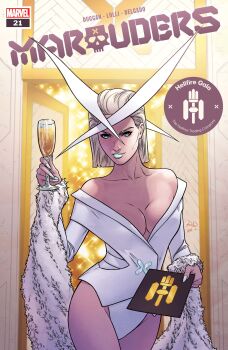 1girl absurdres blonde_hair blue_eyes breasts champagne_flute cleavage comic_cover company_name copyright_logo copyright_name cover cover_page cowboy_shot cup drinking_glass emma_frost fingernails fur_shawl hair_slicked_back hellfire_gala highres holding holding_cup holding_paper large_breasts leotard logo long_fingernails looking_at_viewer makeup marvel matt_wilson off-shoulder_leotard official_alternate_costume official_art paper russell_dauterman shawl short_hair solo sparkle western_comics_(style) white_leotard white_lips white_nails white_shawl x-men