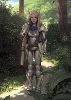 1girl :| absurdres arm_at_side armor armored_boots blonde_hair blue_eyes blush book boots breastplate bush closed_mouth cloud commentary commission crotch_plate day elf expressionless faulds female_focus forest full_armor full_body gauntlets grass greaves hand_in_own_hair hand_up high_elf highres huge_filesize i0525 leaf light_blush long_eyebrows long_hair long_pointy_ears looking_at_viewer nature outdoors path pauldrons pigeon-toed plant pointy_ears road shade shoulder_armor solo standing sunlight tree tree_shade tucking_hair warcraft