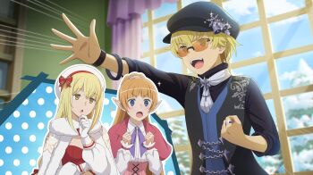 1boy 2girls :d :o aiz_wallenstein anime_coloring ascot beret black_hat black_shirt black_vest blonde_hair blue_eyes blunt_bangs bow bracelet breasts brooch capelet christmas collared_shirt corset danmachi_battle_chronicle dungeon_ni_deai_wo_motomeru_no_wa_machigatteiru_darou_ka elf finn_deimne fur-trimmed_capelet fur_trim game_cg gloves hand_up hat hat_bell hat_bow hat_ornament high_ponytail highres indoors jewelry lefiya_viridis long_hair medium_breasts multiple_girls necktie newsboy_cap non-web_source official_alternate_costume official_art open_mouth orange-tinted_eyewear orange_hair outline parted_lips pink_corset pointy_ears ponytail purple_ascot red_bow red_capelet ring shirt short_hair sidelocks smile snowflake_brooch snowflake_hat_ornament tinted_eyewear vest white_capelet white_gloves white_hat white_necktie white_outline white_shirt window yellow_eyes