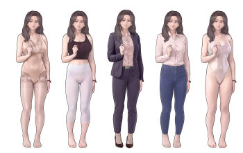 1girl absurdres bare_legs bare_shoulders barefoot blouse bra breasts brown_eyes brown_hair cleavage commentary_request denim feet formal_clothes highres jeans long_hair looking_to_the_side mature_female original pants pantyhose shirt simple_background soles solo_focus standing suit swimsuit toes underwear white_background yewang19 yutang_(yewang19)