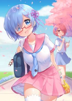 >:) 10s 2girls :d alternate_costume bag bangle bento blue_eyes blue_hair blue_necktie blue_skirt blush book bracelet brown_hair character_doll cherry_blossoms closed_mouth cloud collarbone day doll eating food glasses hair_ornament hair_over_one_eye holding holding_book holding_food jewelry leaning_to_the_side looking_at_viewer moorina multiple_girls natsuki_subaru necktie open_book open_mouth outdoors path petals pink_eyes pink_hair pink_necktie pink_skirt pleated_skirt pocky ram_(re:zero) re:zero_kara_hajimeru_isekai_seikatsu red-framed_eyewear rem_(re:zero) road school_bag school_uniform semi-rimless_eyewear serafuku shirt short_hair short_sleeves siblings sisters skirt sky smile solid_oval_eyes standing thighhighs track_suit twins under-rim_eyewear v-shaped_eyebrows white_legwear white_shirt x_hair_ornament