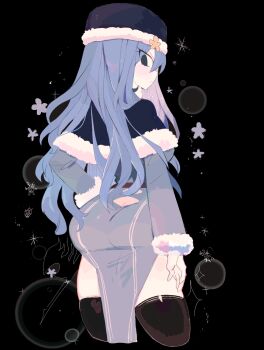 Rule 34 | 1girl, black background, black thighhighs, blue capelet, blue dress, blue eyes, blue hair, blue hat, capelet, closed mouth, commentary, cropped legs, dress, fairy tail, from behind, fur-trimmed capelet, fur-trimmed dress, fur-trimmed headwear, fur trim, hat, highres, juvia lockser, long hair, long sleeves, looking at viewer, looking back, solo, thighhighs, usa37107692