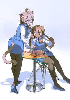 2girls ahoge animal_ears animal_nose blue_eyes blue_nails blue_shoes blue_skirt brown_hair capacitor cat_ears cat_girl cat_tail chessboard clipboard clothing_cutout collared_shirt denchou dog_ears dog_girl floppy_ears folding_stool furry furry_female gradient_background grey_hair hair_ornament hairclip highres long_hair long_sleeves microchip multiple_girls necktie original pantyhose pencil_skirt pinstripe_pattern pinstripe_shirt playing_games shadow shirt shoes sitting skirt table tail tail_through_clothes transistor_(object) vacuum_tube white_background