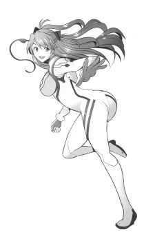 1girl absurdres ass bodysuit breasts evangelion:_3.0+1.0_thrice_upon_a_time eyepatch full_body greyscale hair_ornament highres huge_ass indoors jumping large_breasts long_hair looking_at_viewer looking_back mecha_pilot_suit monochrome neon_genesis_evangelion open_mouth plugsuit_(evangelion) rebuild_of_evangelion sakai_hamachi simple_background smile solo souryuu_asuka_langley unworn_eyepatch very_long_hair wide_hips