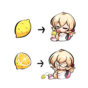Rule 34 | anatomical nonsense, arrow (symbol), blonde hair, blush stickers, closed eyes, food, fruit, holding, holding food, holding fruit, kashuu (b-q), lemon, lemon slice, licking, licking lemon, meme, original, puckered face, simple background, sour (taste), thour (meme), tongue, tongue out, white background