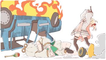 2girls ahoge blonde_hair brown_thighhighs burning car car_crash cecilia_immergreen cecilia_immergreen_(1st_costume) doll_joints family_guy_death_pose_(meme) flute grey_hair high_heels highres hololive hololive_dev_is hololive_english instrument joints kukie-nyan maracas meme motor_vehicle multiple_girls music otonose_kanade otonose_kanade_(1st_costume) playing_instrument recorder thighhighs virtual_youtuber winding_key