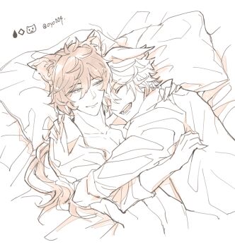Rule 34 | 004s 4, 2boys, animal ears, cat ears, couple, cuddling, fox ears, genshin impact, greyscale, hug, image sample, monochrome, multiple boys, on bed, pixiv, pixiv sample, tartaglia (genshin impact), white background, yaoi, zhongli (genshin impact)