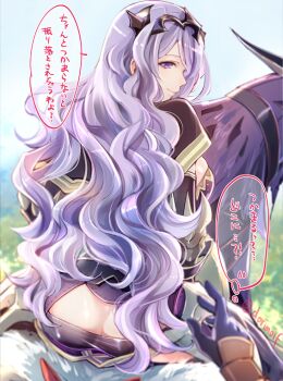 1girl ass breasts butt_crack camilla_(fire_emblem) dorimoif dragon fire_emblem fire_emblem_fates long_hair looking_at_viewer looking_back miyuki_ruria nintendo pov purple_eyes purple_hair sideboob skindentation speech_bubble takumi_(fire_emblem) thought_bubble tiara wavy_hair wyvern