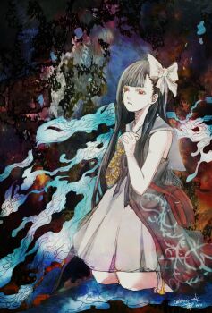 1girl bag black_hair bow dress grey_dress hair_bow handbag hands_up interlocked_fingers kneeling long_hair louise_(nier) nier nier_(series) own_hands_clasped own_hands_together parted_lips red_bag red_eyes ruka_(blueplus84) solo twitter_username white_bow