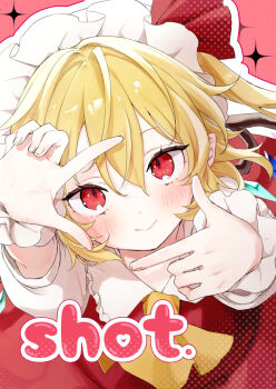 1girl ascot blonde_hair blush closed_mouth crystal crystal_wings flandre_scarlet hair_between_eyes hat hat_ribbon hiwokawa long_sleeves looking_at_viewer mob_cap puffy_sleeves red_eyes red_ribbon red_vest ribbon shirt short_hair short_sleeves side_ponytail smile solo touhou upper_body vest white_shirt wings yellow_ascot