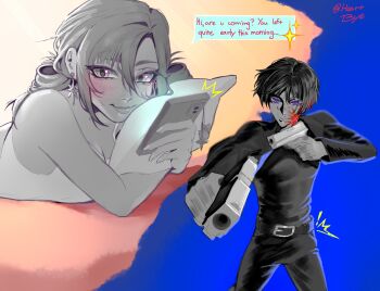 Rule 34 | !, 1boy, 1girl, ^^^, absurdres, aiming, aiming at viewer, alternate costume, alternate hairstyle, alternate universe, asymmetrical bangs, belt, belt buckle, black belt, black hair, black jacket, black pants, black shirt, black sleeves, blood, blood on face, blue background, blunt bangs, blunt ends, blush, breasts, buckle, camisole, casual, cellphone, choppy bangs, cleavage, closed mouth, contemporary, dual wielding, earrings, english text, eyelashes, genshin impact, gun, hair between eyes, hair intakes, hairstyle request, handgun, heartbye (lollybomb12), highres, holding, holding gun, holding phone, holding pillow, holding weapon, jacket, jewelry, long sleeves, lying, medium breasts, mona (genshin impact), on stomach, open clothes, open jacket, pants, parted bangs, phone, pillow, pink background, purple eyes, red pupils, scaramouche (genshin impact), shirt, sidelocks, smartphone, smile, star (symbol), star earrings, sweatdrop, text messaging, tsurime, twitter username, two-tone background, undershirt, weapon