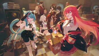 1boy 5girls animal_ear_fluff animal_ears aqua_hair armband black_hair black_jacket black_necktie cat_ears commentary_request daffodill_(nte) grey_eyes grey_hair hair_over_one_eye highres hotori_(nte) indoors jacket korean_commentary long_hair mint_(nte) modare multicolored_hair multiple_girls nanally_(nte) necktie neverness_to_everness open_mouth pink_armband pink_skirt pleated_skirt purple_necktie red_eyes red_hair round_eyewear shirt short_hair skirt streaked_hair two-tone_hair white_shirt