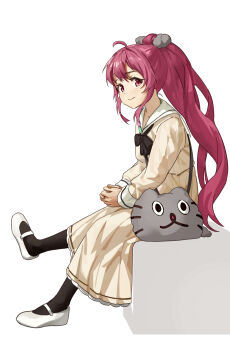 absurdres alternate_costume animal_print black_bow black_socks bow cat_print commentary dress full_body highres keibi_inu kisaragi_1go long_hair looking_at_viewer own_hands_together ponytail purple_eyes purple_hair sailor_collar sailor_dress shoes simple_background sitting smile socks solo sugiura_ayano uwabaki very_long_hair white_background white_sailor_collar yellow_dress yuruyuri