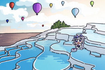 1girl aircraft bing_huyue chest_jewel chibi cloud gem gem_hair_ornament hand_jewel highres hololive hololive_english hot_air_balloon koseki_bijou onsen pamukkale pebble_(koseki_bijou) pointing pointing_at_object pool purple_eyes purple_gemstone purple_hair sitting travertine tree turkey_(country) virtual_youtuber