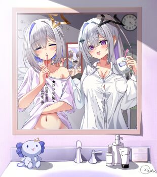 Rule 34 | 2girls, absurdres, amane kanata, amane konata, black halo, blush, bob cut, breasts, cleavage, closed eyes, collarbone, collared shirt, commentary request, hair between eyes, hair intakes, halo, highres, holding, holding toothbrush, hololive, inokeiwd, large breasts, long hair, long sleeves, looking at mirror, looking at viewer, mirror, multiple girls, navel, open mouth, panties, purple eyes, reflection, shirt, short hair, siblings, sisters, sleepy, smile, stomach, toothbrush, toothbrush in mouth, underwear, virtual youtuber, white panties, white shirt, yellow halo