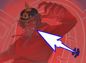 Rule 34 | 1boy, animification, arm up, bandage on cheek, black hat, brown hair, clenched teeth, combat helmet, commentary, drawstring, eddsworld, english commentary, flipped hair, glowing, glowing eyes, harpoon, hat, helmet, highres, hood, hood down, hoodie, long sleeves, looking down, male focus, mecha interior, pickelhaube, red hoodie, red theme, roboyomo, scared, scene reference, short hair, solo, sweatdrop, teeth, tord (eddsworld), upper body, wide-eyed